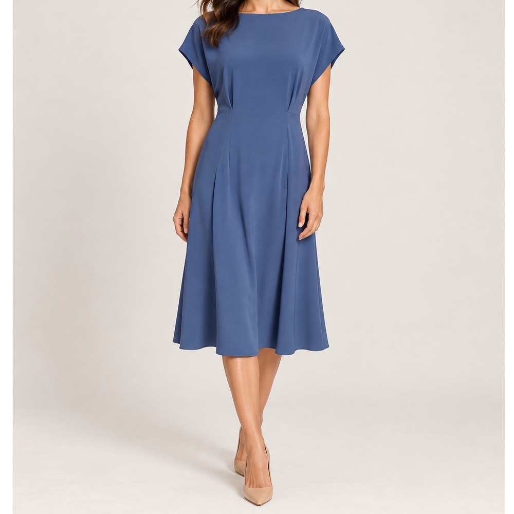 MM LaFleur Pintuck Dress Blue Square Neck Cap Sleeve Midi Sheath Size 10